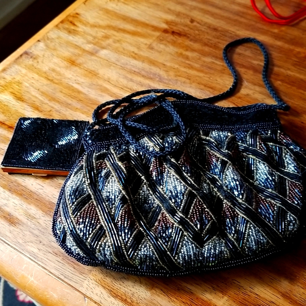 Beaded black purse and compact